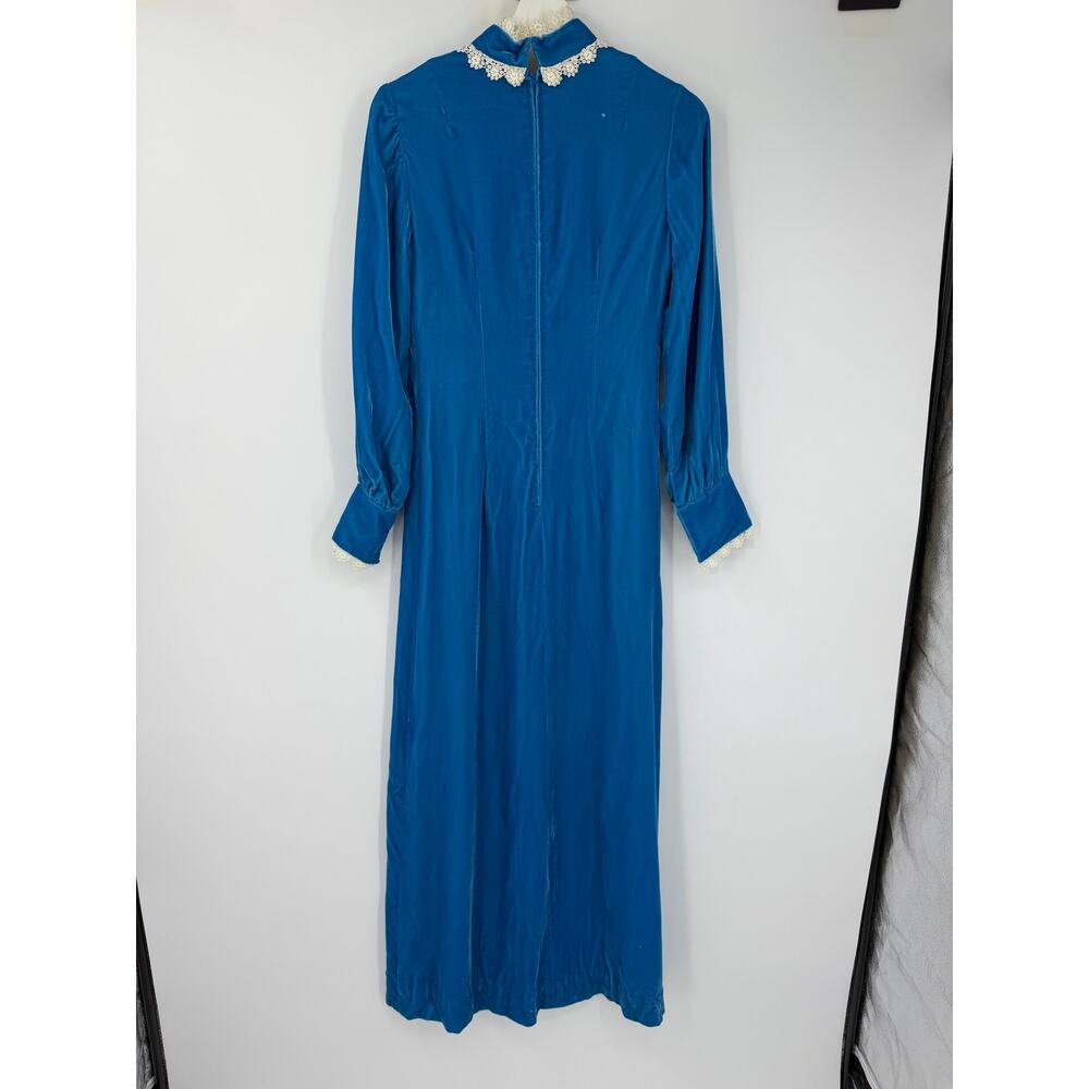 Vintage Handmade Blue Velvet Maxi Dress Lace Trim Prairie Victorian Cottagecore - Picture 7 of 16
